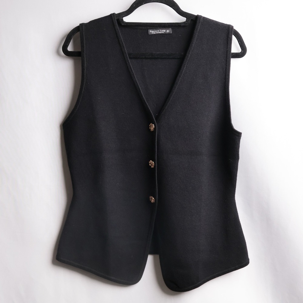Emerson Lang Young Contemporary Black Knit Button Front Vest XL Gold Buttons